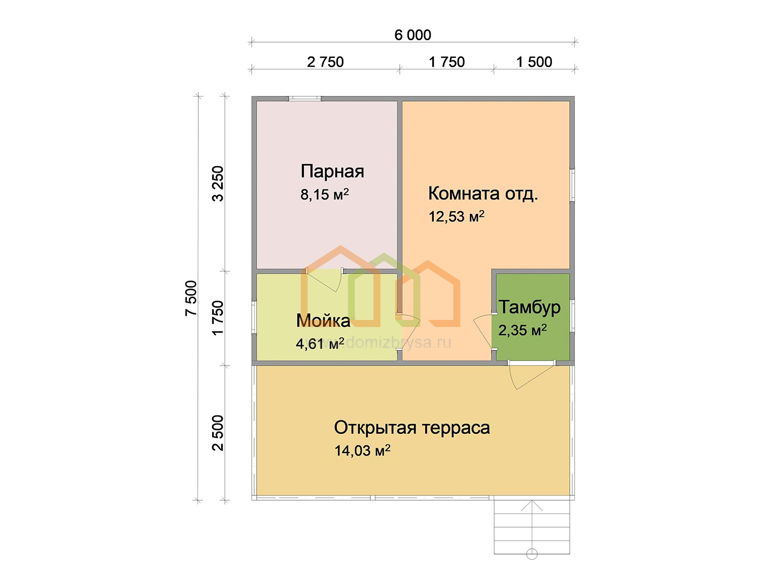 Каркасная баня одноэтажная 6х7,5, площадь: 45 м² с террасой цена под ключ в  Павловском-Посаде 999000