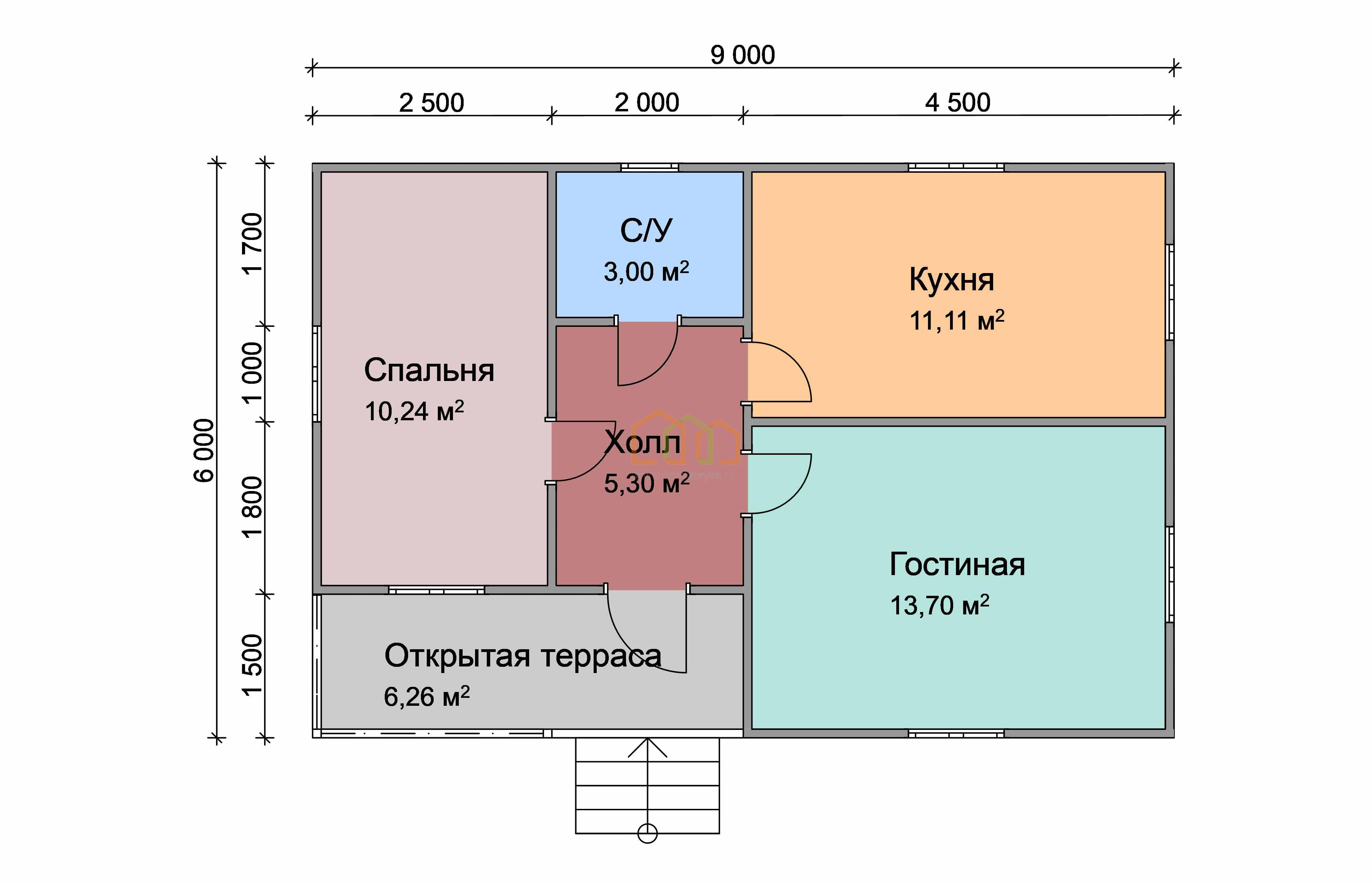 Планировка дома 6 на 6 одноэтажный с санузлом и двумя спальнями